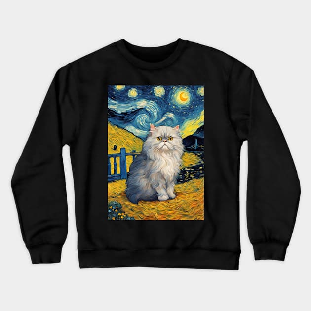 Persian Cat Breed Portrait Painting in a Van Gogh Starry Night Art Style Crewneck Sweatshirt by Art-Jiyuu